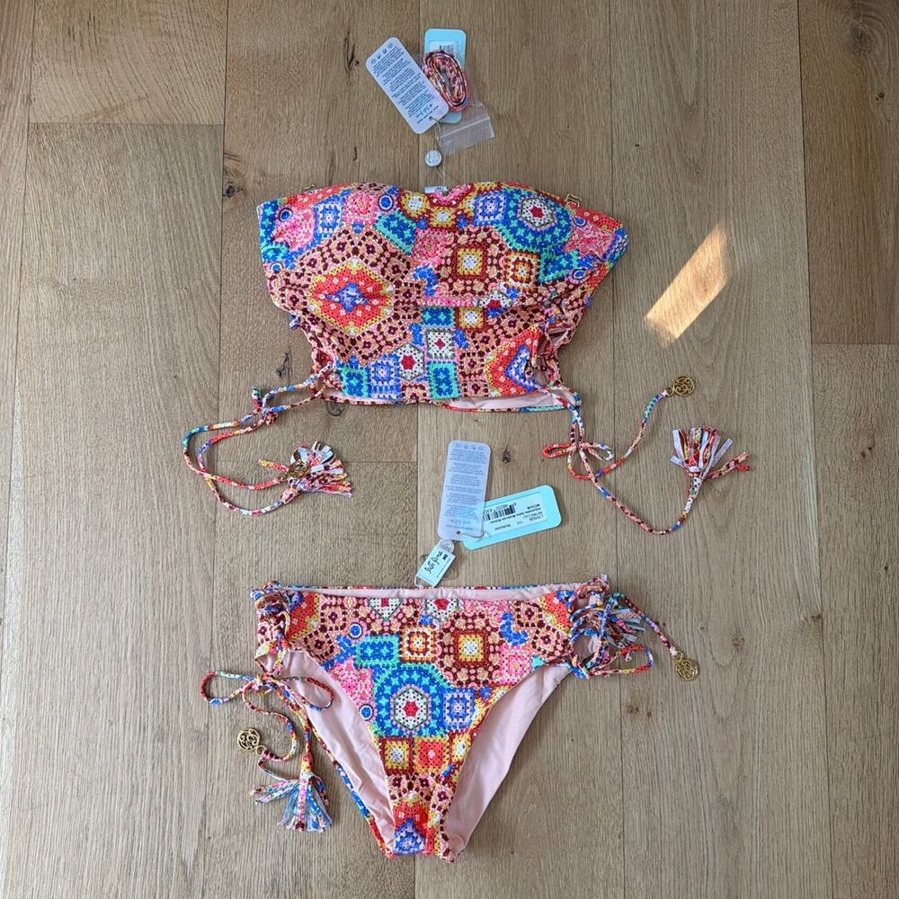 Luli Fama Miami Retro Luli Tube Top Size S & Bikini Bottoms Size M in Orange